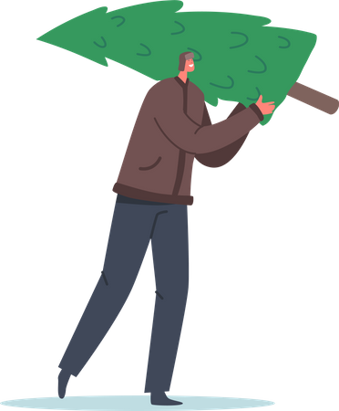 Homem carrega árvore de abeto  Ilustração