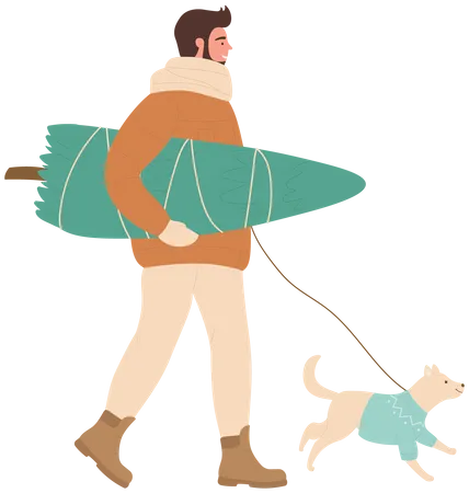 Homem carrega árvore de natal com cachorro  Ilustração