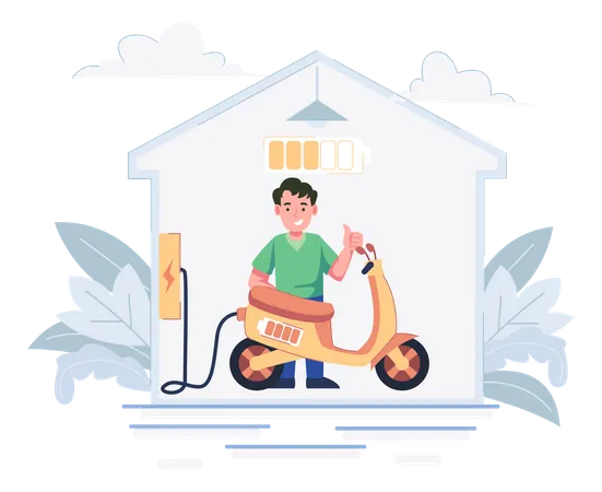 Homem carrega bicicleta elétrica em casa  Ilustração