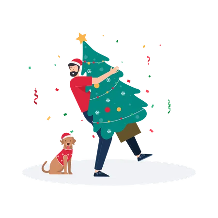 Homem carregando árvore de natal  Ilustração