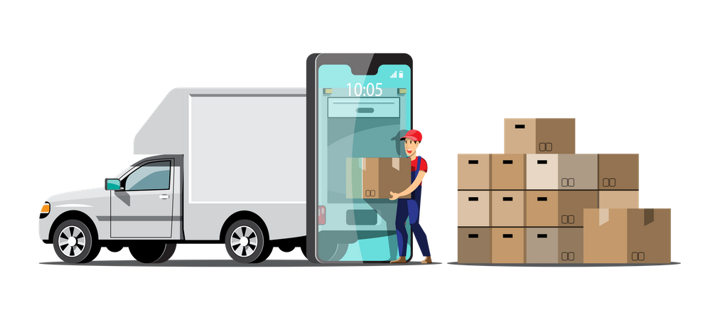Homem carregando caixas de entrega em caminhão  Ilustração