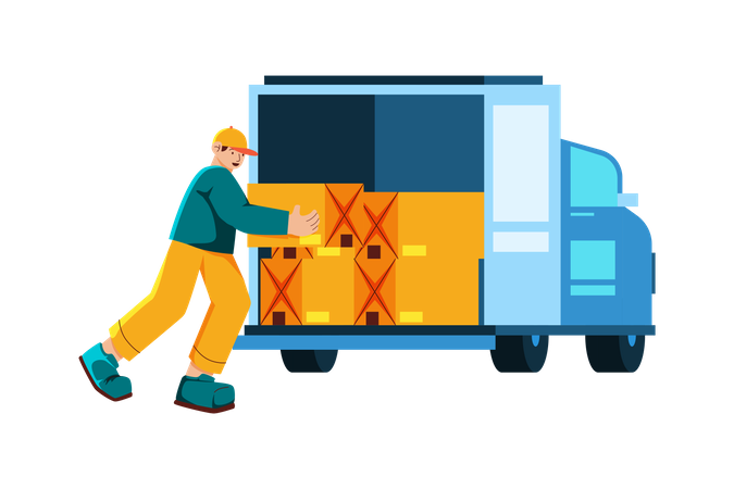 Homem carregando caminhão para entregas no mesmo dia  Ilustração