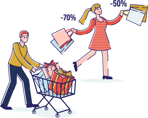 Homem carregando carrinho de compras e mulher feliz em comprar coisas com desconto  Ilustração