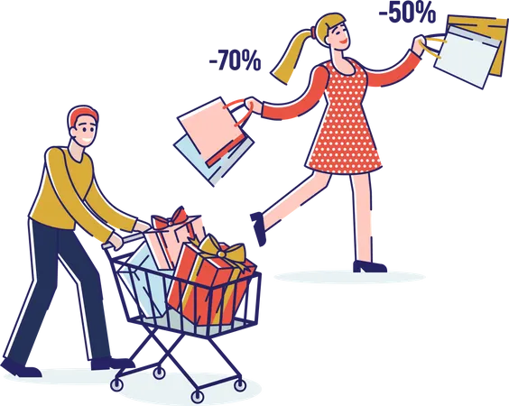 Homem carregando carrinho de compras e mulher feliz em comprar coisas com desconto  Ilustração
