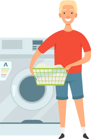 Homem carregando máquina de lavar para limpar roupas  Ilustração