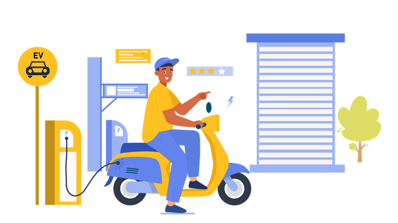 Homem carregando scooter elétrico na estação de carregamento  Ilustração