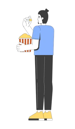Homem caucasiano de topete em pé comendo pipoca  Ilustração