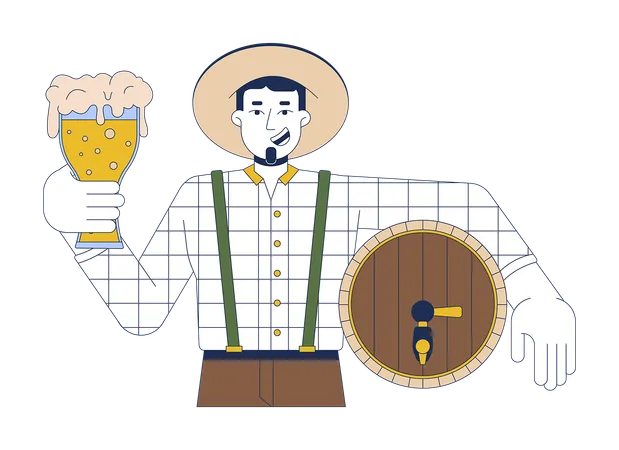 Homem caucasiano feliz segurando cerveja e barril  Ilustração