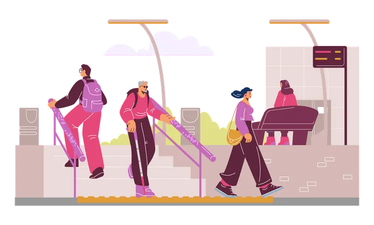 Homem cego com bengala subindo escadas em área pública  Ilustração