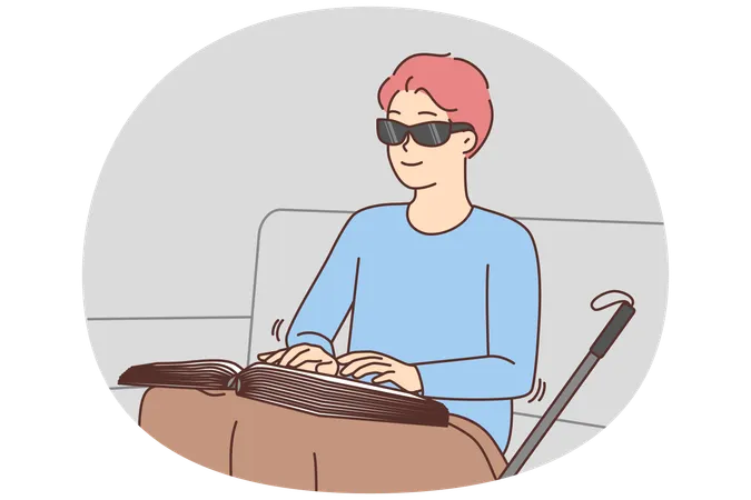 Homem cego lendo livro em braille em casa  Ilustração