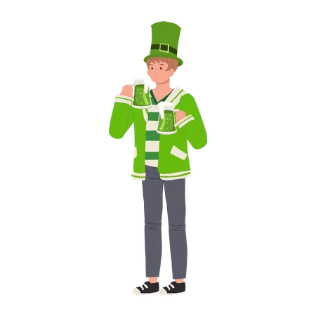 Homem comemora o dia de São Patrício com cerveja verde  Ilustração