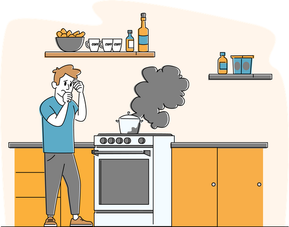 Homem chateado fica no forno com fogo aceso na panela  Ilustração