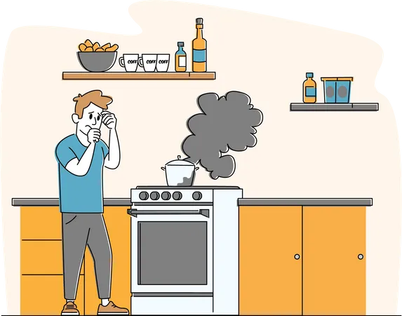 Homem chateado fica no forno com fogo aceso na panela  Ilustração