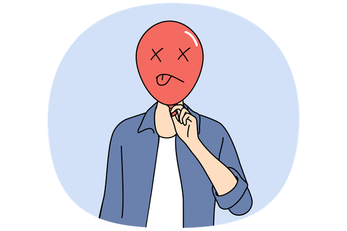 Homem chateado e frustrado com balão inflado na frente do rosto precisa de ajuda de psicólogo  Ilustração
