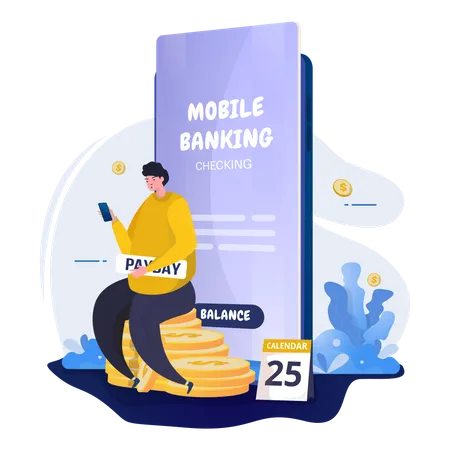 Homem verificando salário usando mobile banking  Ilustração