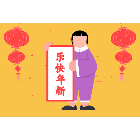Homem chinês mostrando banner  Ilustração