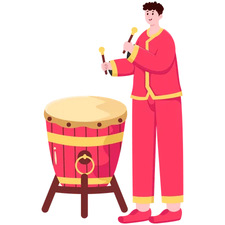 Homem chinês tocando bateria  Ilustração