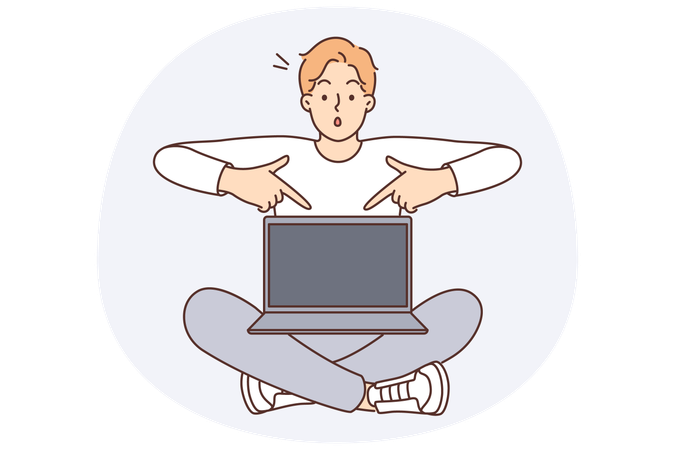 Homem chocado com laptop apontando dedos para a tela recomendando visitar site interessante  Ilustração