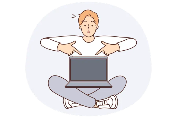 Homem chocado com laptop apontando dedos para a tela recomendando visitar site interessante  Ilustração