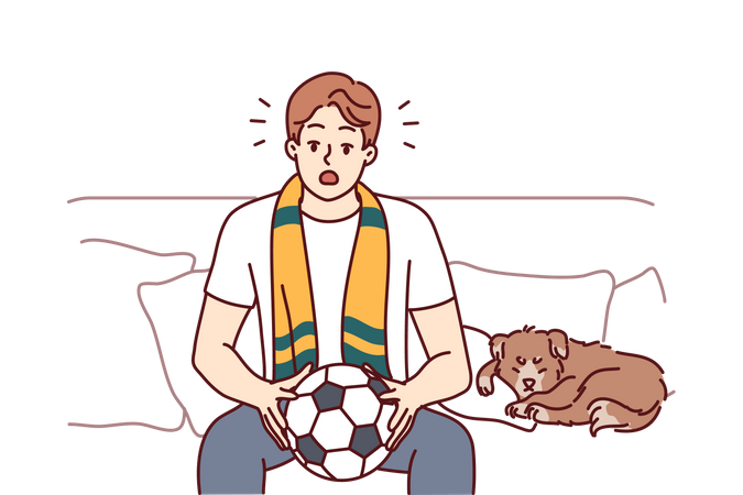 Homem chocado segurando futebol com cachorro  Ilustração