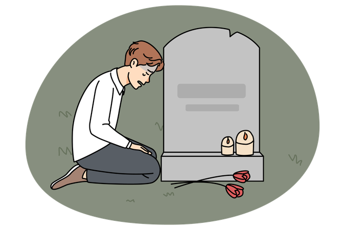 Homem triste chorando em túmulo no cemitério  Ilustração