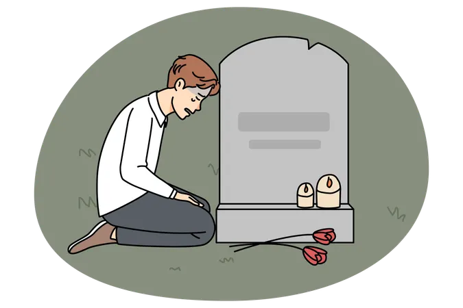 Homem triste chorando em túmulo no cemitério  Ilustração