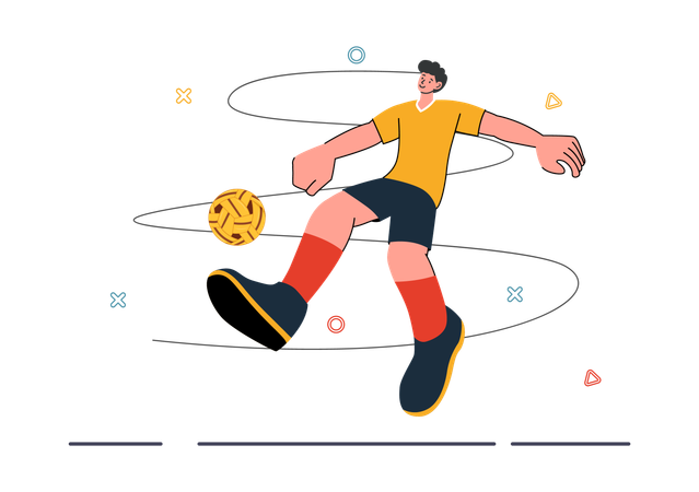 Homem chutando bola na quadra durante Sepak Takraw  Ilustração