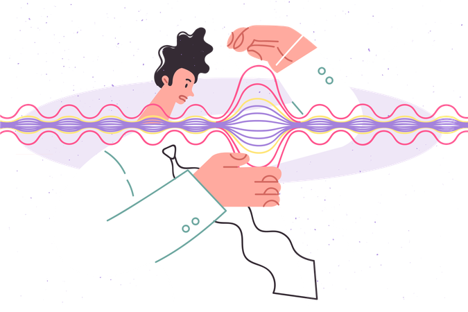 Homem cientista olha para onda gravitacional com rosto confuso  Ilustração