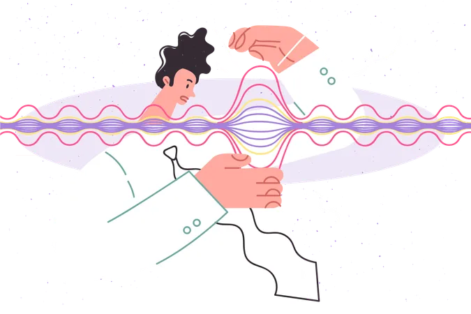 Homem cientista olha para onda gravitacional com rosto confuso  Ilustração