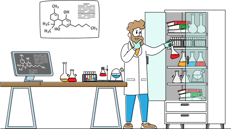 Homem cientista vestindo jaleco branco realizando experimentos em laboratório de ciências  Ilustração