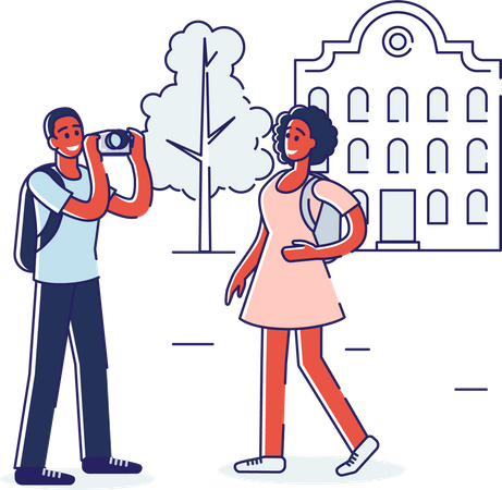 Homem clicando na foto da esposa em destino turístico  Illustration