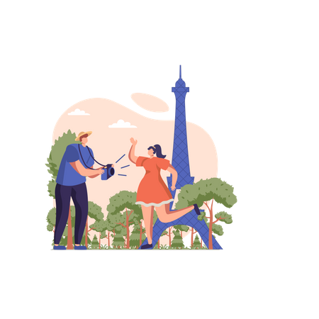 Homem clicando na foto da esposa em local turístico famoso  Illustration