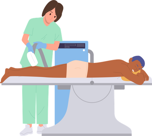 Cliente homem visitando salão de depilação a laser recebendo procedimento de depilação  Ilustração