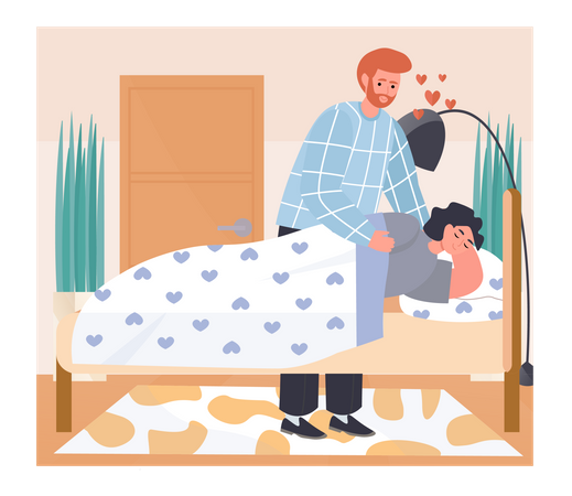 Homem cobrindo mulher com cobertor enquanto dorme  Ilustração