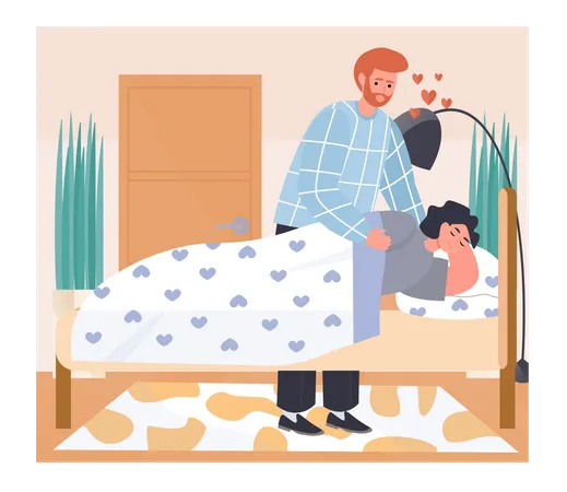 Homem cobrindo mulher com cobertor enquanto dorme  Ilustração