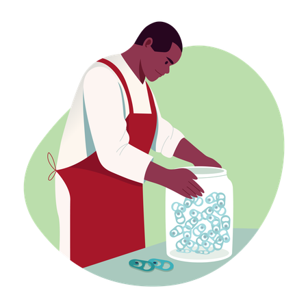 Homem coleciona abas de lata  Ilustração