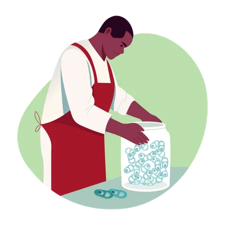 Homem coleciona abas de lata  Ilustração