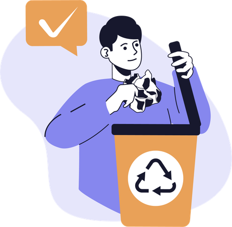 Homem coleta lixo em lixeira de reciclagem  Ilustração