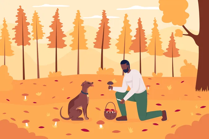 Homem coletando cogumelos com cachorro de estimação  Ilustração