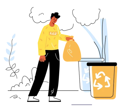 Homem coletando lixo e colocando na lata de lixo  Ilustração