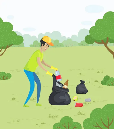Ecologia E Meio Ambiente Homem Coletando Lixo No Parque Reducao De Lixo Homem Limpando A Terra Prevencao Da Poluicao Voluntario Com Pacote Ilustracao Vetorial Em Estilo Cartoon Plano Ilustração