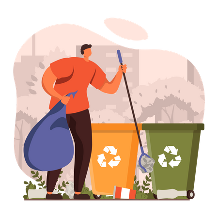 Homem coletando lixo usando bastão de lixo  Ilustração