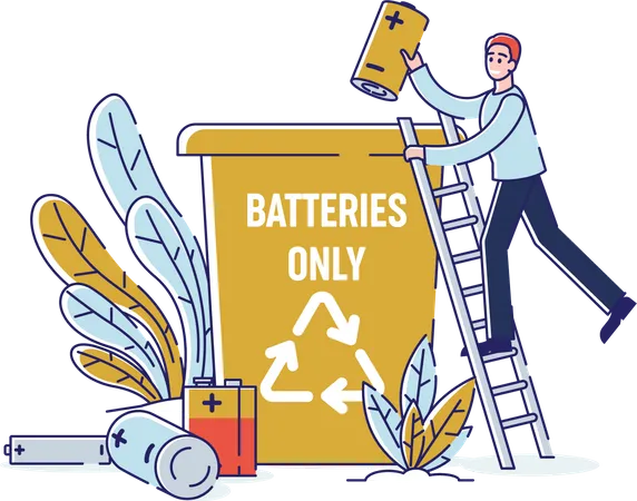 Homem coleta baterias usadas e joga em um recipiente de lixo  Ilustração