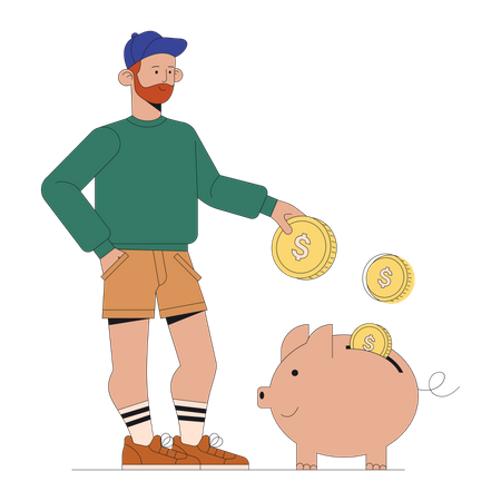 Homem coloca moeda no cofrinho  Ilustração