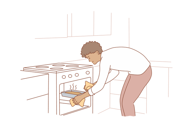 Homem colocando bandeja de bolo no forno  Ilustração