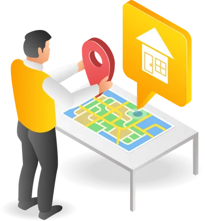 Homem colocando alfinete para localização no mapa  Ilustração