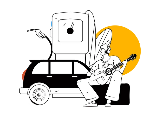 Homem colocando guitarra no posto de combustível  Ilustração