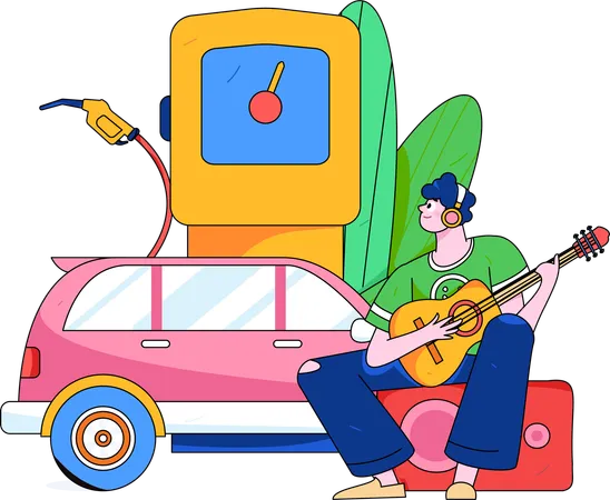 Homem colocando guitarra no posto de combustível  Ilustração