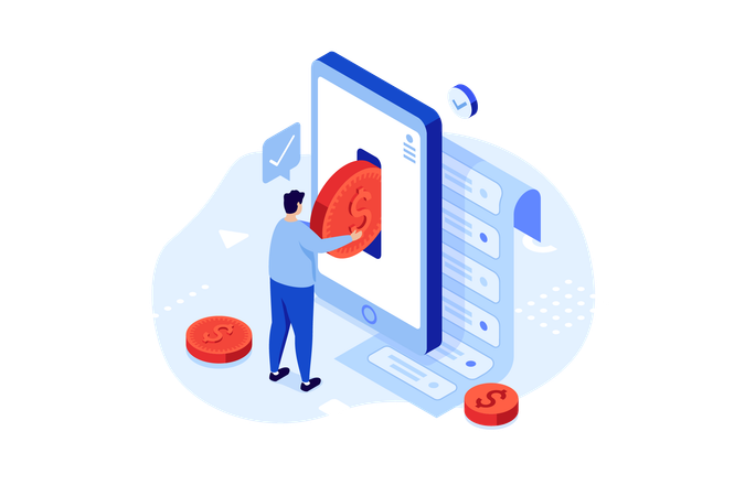 Homem colocando moeda na tela do smartphone  Ilustração