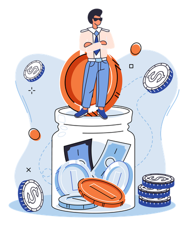 Homem colocando moedas em um cofrinho  Ilustração